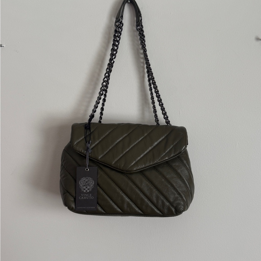 Vince Camuto Dark 100% Leather Green Quilted Shoulder Bag